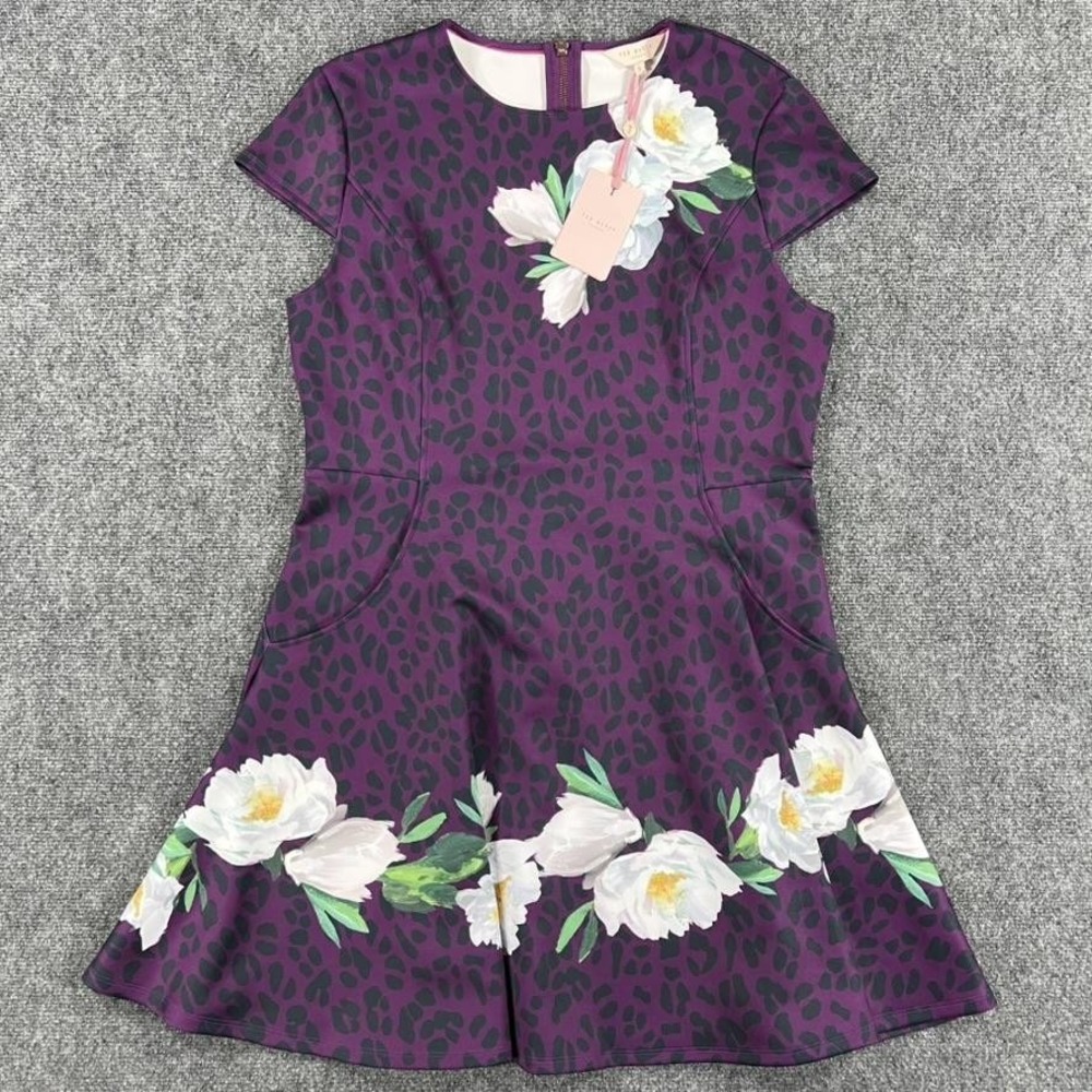 Ted Baker London‎ Tohkoh Dress Womens 12 Purple Floral Leopard Fit Flare